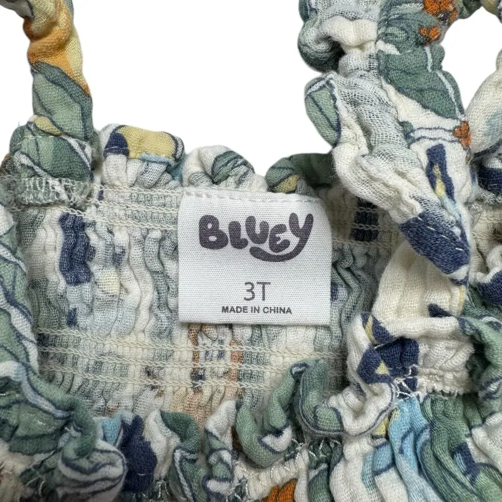 BLUEY Cottom Gauze Tropical Leaf Bluey Bingo Dress Size 3T White Green Smocked